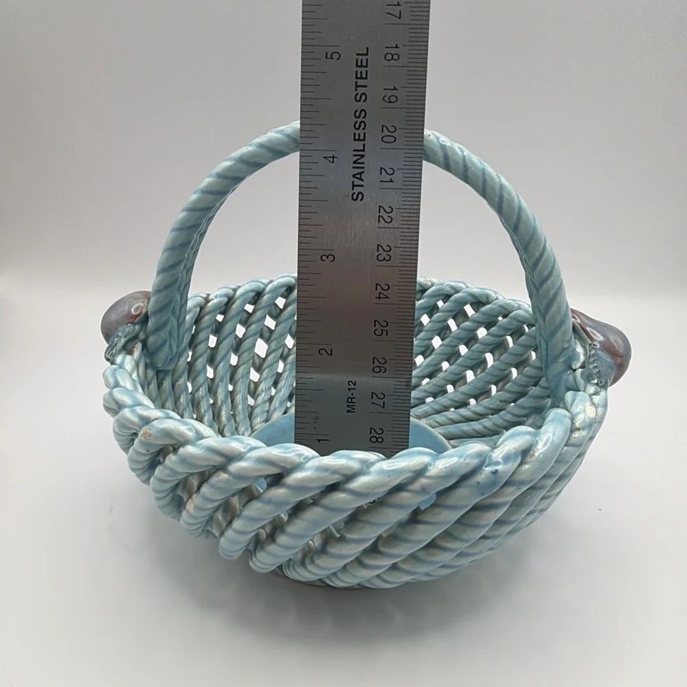Vtg Spain Woven Ceramic Basket Aqua Blue Applied Fruit Floral Accents